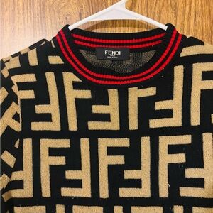 Fendi Black & Tan FF Logo Crewneck dress with Red Trim